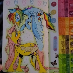 Size: 1080x1080 | Tagged: safe, artist:possumpuppy, imported from derpibooru, fluttershy, rainbow dash, pegasus, pony, duo, emanata, grin, looking at each other, looking at someone, smiling, traditional art, wavy mouth