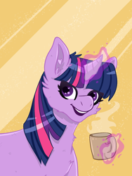 Size: 1500x2000 | Tagged: safe, artist:bytemyfur, imported from derpibooru, twilight sparkle, pony, unicorn, cheek fluff, coffee, coffee mug, curved horn, horn, magic, mug, smiling, solo, telekinesis, unicorn twilight