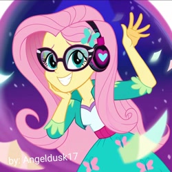 Size: 1080x1080 | Tagged: safe, imported from derpibooru, fluttershy, human, equestria girls, ai content, ai generated, clothes, dress, female, glasses, headphones, prompter:angeldusk17, smiling, solo