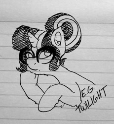 Size: 540x585 | Tagged: safe, artist:bytemyfur, imported from derpibooru, sci-twi, twilight sparkle, pony, unicorn, equestria girls, black and white, equestria girls ponified, glasses, grayscale, hair bun, ink drawing, lined paper, monochrome, ponified, solo, traditional art, unicorn sci-twi