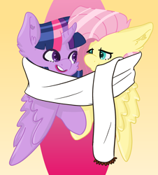 Size: 2200x2429 | Tagged: safe, artist:bytemyfur, imported from derpibooru, fluttershy, twilight sparkle, alicorn, pegasus, pony, clothes, cute, duo, female, lesbian, looking at each other, looking at someone, scarf, shared clothing, shared scarf, shipping, twilight sparkle (alicorn), twishy