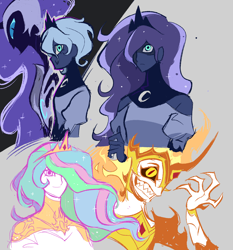 Size: 1902x2040 | Tagged: safe, artist:cranialgrind, imported from derpibooru, daybreaker, nightmare moon, princess celestia, princess luna, human, gray background, grin, humanized, jewelry, simple background, smiling, teeth, tiara