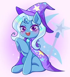 Size: 2700x3000 | Tagged: safe, artist:radiant_toast, imported from derpibooru, trixie, pony, unicorn, blushing, cape, clothes, cutie mark background, female, hat, hoof on chest, horn, mare, open mouth, open smile, sitting, smiling, solo, trixie's cape, trixie's hat