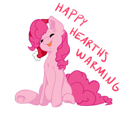 Size: 2549x2353 | Tagged: safe, artist:bytemyfur, imported from derpibooru, part of a set, pinkie pie, earth pony, pony, christmas, eyes closed, female, happy hearth's warming, hat, holiday, mare, santa hat, simple background, sitting, smiling, solo, transparent background