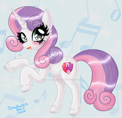 Size: 1280x1237 | Tagged: safe, artist:shadowiesart, imported from derpibooru, sweetie belle, pony, unicorn, blushing, deviantart watermark, female, horn, mare, obtrusive watermark, older, older sweetie belle, open mouth, open smile, rearing, signature, smiling, solo, watermark