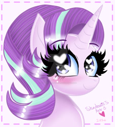 Size: 1024x1128 | Tagged: safe, artist:shadowiesart, imported from derpibooru, starlight glimmer, pony, unicorn, blushing, bust, deviantart watermark, female, heart, heart eyes, horn, mare, obtrusive watermark, portrait, smiling, solo, watermark, wingding eyes