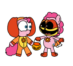 Size: 3351x3023 | Tagged: safe, artist:professorventurer, imported from derpibooru, pinkie pie, earth pony, pony, clothes, cosplay, costume, dogday, duo, halloween, halloween costume, holiday, jack-o-lantern, kigurumi, open mouth, open smile, pumpkin, pumpkin bucket, smiling, smiling critters