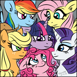 Size: 1200x1200 | Tagged: safe, artist:showa1901, imported from derpibooru, applejack, fluttershy, pinkie pie, rainbow dash, rarity, twilight sparkle, earth pony, pegasus, pony, unicorn, female, group shot, horn, mane six, mare, signature, smiling