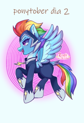 Size: 1984x2880 | Tagged: safe, artist:zackchibi, imported from derpibooru, rainbow dash, zapp, pegasus, pony, female, mare, open mouth, open smile, power ponies, signature, smiling, solo, spread wings, wings