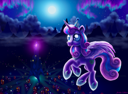 Size: 3260x2404 | Tagged: safe, artist:jac59col, imported from derpibooru, princess flurry heart, alicorn, pony, aurora borealis, cloud, crown, crystal empire, empress, female, flying, jewelry, mare, moon, older, older flurry heart, princess, regalia, sky, solo, stars