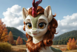 Size: 1330x910 | Tagged: safe, imported from derpibooru, autumn blaze, kirin, ai content, ai generated, blue sky, cloud, ear fluff, female, forest, forest background, horn, looking at you, mare, nature, prompter:siber, sky, smiling, smiling at you, solo, solo female, tree