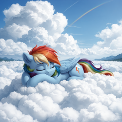 Size: 1536x1536 | Tagged: safe, imported from derpibooru, rainbow dash, pegasus, pony, ai content, ai generated, cloud, cute, dashabetes, ear fluff, eyes closed, female, full body, generator:pony realism 2.1, generator:stable diffusion, lying down, mare, mountain, mountain range, on a cloud, outdoors, prompter:tyto4tme4l, prone, rainbow, scenery, sky, sleeping, sleeping on a cloud, solo