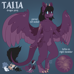 Size: 2500x2500 | Tagged: safe, artist:lionbun, imported from derpibooru, oc, oc:talia, anthro, dracony, dragon, hybrid, pony, anthro oc, character design, commission, pegasus wings, reference sheet, tattoo, wings