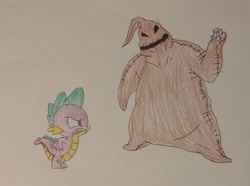 Size: 3365x2506 | Tagged: safe, anonymous artist, imported from derpibooru, spike, dragon, angry, dice, duo, duo male, faceoff, fight, gritted teeth, male, monster, oogie boogie, simple background, teeth, traditional art, tribute, vs, white background