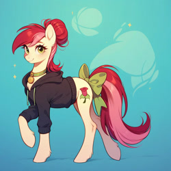 Size: 1024x1024 | Tagged: safe, imported from derpibooru, roseluck, pony, ai content, ai generated, alternate hairstyle, bow, clothes, collar, cute, generator:pony diffusion v6 xl, generator:stable diffusion, hoodie, looking at you, pet tag, pony pet, prompter:doom9454, rosepet, tail, tail bow, walking