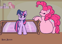 Size: 1754x1240 | Tagged: safe, artist:bun_burst, imported from derpibooru, pinkie pie, twilight sparkle, earth pony, pony, unicorn, swarm of the century, belly, big belly, fat, fat fetish, fetish, horn, inflation, obese, piggy pie, pudgy pie, scene interpretation, screencap reference, smiling, stuffed belly, stuffing, twilard sparkle