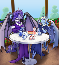 Size: 3848x4234 | Tagged: safe, artist:blackblood-queen, imported from derpibooru, oc, oc only, anthro, bat pony, unguligrade anthro, anthro oc, bat pony oc, bat wings, cake, chair, clothes, commission, cup, cupcake, digital art, dress, fangs, female, flower, flower garden, food, looking at each other, looking at someone, mare, mother and child, mother and daughter, sitting, slit pupils, smiling, table, tea, teacup, teapot, wings