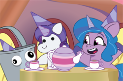 Size: 1246x826 | Tagged: safe, artist:prixy05, imported from derpibooru, izzy moonbow, rarity, original species, plush pony, pony, unicorn, birthday party, bucket, cup, female, filly, filly izzy moonbow, foal, g5, hat, horn, my little pony: tell your tale, party, party hat, plushie, solo, teapot, unitober 2024, younger