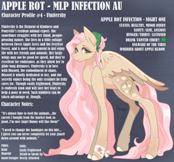 Size: 928x862 | Tagged: safe, artist:fhroggy, imported from derpibooru, fluttershy, pegasus, pony, alternate cutie mark, alternate hairstyle, apple rot infection, bandage, bandana, blood, blood stains, golden coat, implied angel bunny, implied discord, implied discoshy, implied everfree forest, implied ponyville, implied shipping, implied straight, implied sweet apple acres, infection au, pink mane, redesign, teal eyes