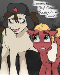 Size: 1242x1553 | Tagged: safe, artist:cricketkisses, artist:smiledogzip, imported from derpibooru, sprout cloverleaf, oc, earth pony, pony, duo, duo male, english, g5, hat, looking at someone, male, stallion, ushanka