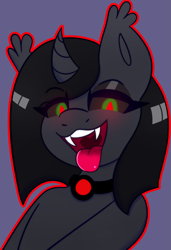 Size: 2609x3813 | Tagged: safe, artist:askhypnoswirl, imported from derpibooru, oc, oc only, oc:decora, undead, unicorn, vampire, vampony, choker, commission, ear fluff, fangs, female, glowing, glowing eyes, horn, icon, mare, open mouth, solo, tongue out