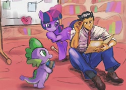 Size: 1300x930 | Tagged: safe, artist:helioshellion, imported from derpibooru, spike, twilight sparkle, dragon, human, pony, unicorn, ace attorney, book, glowing, glowing horn, golden oaks library, horn, magic, marker, phoenix wright, sitting, telekinesis, trio, turnabout storm, unicorn twilight, whiteboard