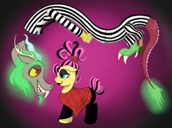 Size: 1135x838 | Tagged: safe, imported from derpibooru, discord, fluttershy, beetlejuice, betelgeuse, clothes, costume, discoshy, duo, duo male and female, eyeshadow, female, glowing, glowing tail, halloween, halloween costume, holiday, inktober, inktober 2024, looking at each other, looking at someone, lydia deetz, makeup, male, shipping, spider web, straight, tail