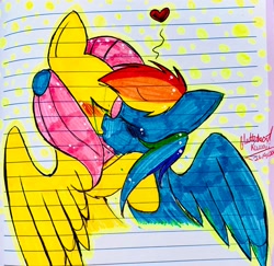 Size: 3024x2934 | Tagged: safe, artist:flutterheartkawaii, imported from derpibooru, fluttershy, rainbow dash, pegasus, pony, crying, duo, duo female, eyes closed, female, flutterdash, heart, kiss on the lips, kissing, lesbian, lined paper, shipping, tears of joy, traditional art