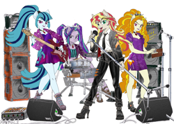 Size: 3000x2142 | Tagged: safe, alternate version, artist:ciaran, derpibooru exclusive, imported from derpibooru, part of a set, adagio dazzle, aria blaze, sonata dusk, sunset shimmer, anthro, pony, equestria girls, amplifier, bass guitar, boots, cable, clothes, dialogue, disguise, disguised, disguised siren, dress, drum kit, drum sticks, drums, electric guitar, electric piano, female, gem, guitar, indoors, jewelry, layout, light, lyrics, microphone, musical instrument, my little pony equestria girls: rainbow rocks, necklace, necktie, playing instrument, ponified, pony ears, ponytail, rainbow rocks 10th anniversary, shoes, simple background, siren gem, speaker, text, white background