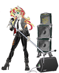 Size: 1731x2142 | Tagged: safe, alternate version, artist:ciaran, derpibooru exclusive, imported from derpibooru, part of a set, sunset shimmer, anthro, pony, equestria girls, amplifier, boots, cable, clothes, female, gem, indoors, looking at you, microphone, my little pony equestria girls: rainbow rocks, necktie, open mouth, pony ears, ponytail, rainbow rocks 10th anniversary, shoes, simple background, siren gem, speaker, text, white background