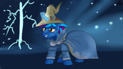 Size: 1920x1080 | Tagged: safe, artist:jbond, imported from derpibooru, oc, oc only, oc:darallex, pony, unicorn, bolt, clothes, commission, hat, horn, lighting, magic, magic aura, male, mantle, smiling, solo, stallion, unicorn oc