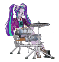 Size: 1479x1545 | Tagged: safe, artist:ciaran, derpibooru exclusive, imported from derpibooru, aria blaze, anthro, pony, equestria girls, boots, clothes, disguise, disguised, disguised siren, dress, drum kit, drum sticks, drums, female, gem, indoors, ipad, jewelry, looking at you, musical instrument, my little pony equestria girls: rainbow rocks, necklace, open mouth, playing instrument, ponified, pony ears, ponytail, rainbow rocks 10th anniversary, shoes, siren gem