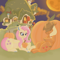 Size: 2048x2048 | Tagged: safe, artist:cherryincc, imported from derpibooru, applejack, fluttershy, earth pony, pegasus, pony, autumn, duo, duo female, female, fluttershy's cottage, full moon, inktober, inktober 2024, lying down, mare, moon, prone, pumpkin, sitting