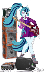 Size: 1352x2142 | Tagged: safe, alternate version, artist:ciaran, derpibooru exclusive, imported from derpibooru, part of a set, sonata dusk, anthro, pony, equestria girls, amplifier, bass guitar, boots, cable, clothes, disguise, disguised, disguised siren, dress, electric guitar, female, gem, guitar, indoors, jewelry, mixer, musical instrument, my little pony equestria girls: rainbow rocks, necklace, playing instrument, ponified, pony ears, ponytail, rainbow rocks 10th anniversary, shoes, simple background, siren gem, speaker, white background