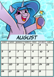 Size: 1654x2339 | Tagged: safe, artist:rutkotka, imported from derpibooru, izzy moonbow, pony, unicorn, august, calendar, drink, female, g5, horn, mare, solo