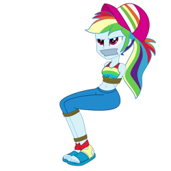 Size: 2000x2000 | Tagged: safe, artist:nie-martw-sie-o-mnie, imported from derpibooru, rainbow dash, human, equestria girls, baseball cap, belly, belly button, bondage, bound and gagged, cap, cruise outfit, dashsub, equestria girls specials, female, femsub, gag, hat, my little pony equestria girls: spring breakdown, rope, rope bondage, sandals, solo, submissive, tape, tape gag