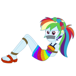 Size: 2000x2000 | Tagged: safe, artist:nie-martw-sie-o-mnie, imported from derpibooru, rainbow dash, human, equestria girls, bondage, bound and gagged, cruise concert outfit, dashsub, equestria girls specials, female, femsub, gag, my little pony equestria girls: spring breakdown, rope, rope bondage, sandals, simple background, solo, submissive, tape, tape gag, transparent background