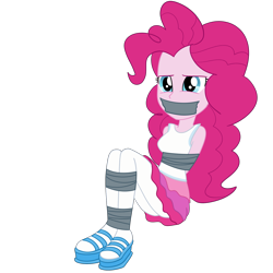 Size: 2000x2000 | Tagged: safe, artist:nie-martw-sie-o-mnie, imported from derpibooru, pinkie pie, human, equestria girls, equestria girls series, super squad goals, bondage, clothes, female, femsub, gag, looking at you, my little pony equestria girls: better together, pantyhose, pinkiesub, platform shoes, simple background, sitting, solo, submissive, tape, tape bondage, tape gag, transparent background