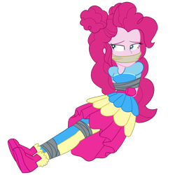 Size: 2000x2000 | Tagged: safe, artist:nie-martw-sie-o-mnie, imported from derpibooru, pinkie pie, human, equestria girls, equestria girls series, five lines you need to stand in, spoiler:eqg series (season 2), bondage, bound and gagged, cloth gag, female, femsub, gag, music festival outfit, my little pony equestria girls: better together, pinkiesub, simple background, sitting, solo, submissive, tape, tape bondage, transparent background