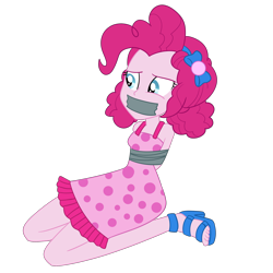 Size: 2000x2000 | Tagged: safe, artist:nie-martw-sie-o-mnie, imported from derpibooru, pinkie pie, human, equestria girls, bondage, clothes, cruise outfit, equestria girls specials, female, femsub, gag, high heels, kneeling, my little pony equestria girls: spring breakdown, pinkiesub, polka dot dress, shoes, simple background, solo, submissive, tape, tape bondage, tape gag, transparent background