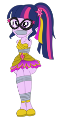 Size: 1262x2500 | Tagged: safe, artist:nie-martw-sie-o-mnie, imported from derpibooru, sci-twi, twilight sparkle, human, equestria girls, bondage, bound and gagged, equestria girls specials, female, femsub, gag, glasses, my little pony equestria girls: dance magic, simple background, sitting, solo, submissive, tape, tape bondage, tape gag, transparent background, twisub