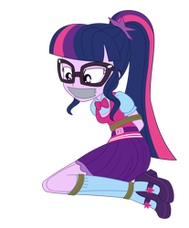 Size: 2072x2500 | Tagged: safe, artist:nie-martw-sie-o-mnie, imported from derpibooru, sci-twi, twilight sparkle, human, equestria girls, bondage, bound and gagged, bowtie, clothes, equestria girls specials, female, femsub, gag, glasses, high heels, my little pony equestria girls: dance magic, necktie, rope, rope bondage, shoes, simple background, skirt, socks, solo, submissive, tape, tape gag, transparent background, twisub