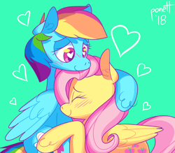 Size: 2400x2100 | Tagged: safe, artist:ponett, imported from derpibooru, fluttershy, rainbow dash, pegasus, pony, blushing, cute, daaaaaaaaaaaw, dashabetes, duo, duo female, ear fluff, female, flutterdash, folded wings, heart, hug, lesbian, mare, shipping, shyabetes, unshorn fetlocks, wingding eyes, wings