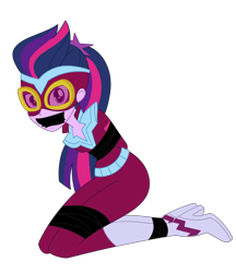 Size: 2000x2315 | Tagged: safe, artist:nie-martw-sie-o-mnie, imported from derpibooru, masked matter-horn, sci-twi, twilight sparkle, human, equestria girls, bondage, boots, bound and gagged, clothes, equestria girls specials, female, femsub, gag, goggles, high heel boots, kneeling, looking at you, my little pony equestria girls: movie magic, power ponies, shoes, simple background, solo, submissive, tape, tape bondage, tape gag, transparent background, twisub