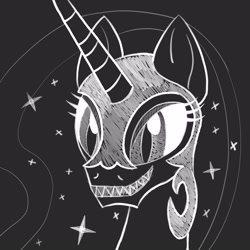 Size: 2100x2100 | Tagged: safe, artist:aprilfools, nightmare moon, alicorn, pony, black and white, black background, female, grayscale, helmet, mare, monochrome, simple background, sketch, slit pupils, solo