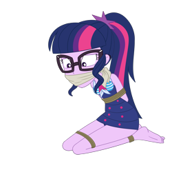 Size: 2500x2500 | Tagged: safe, artist:nie-martw-sie-o-mnie, imported from derpibooru, sci-twi, twilight sparkle, human, equestria girls, bondage, bound and gagged, cloth gag, clothes, equestria girls specials, female, femsub, gag, glasses, kneeling, my little pony equestria girls: forgotten friendship, one-piece swimsuit, rope, rope bondage, sci-twi swimsuit, simple background, solo, submissive, swimsuit, transparent background, twisub