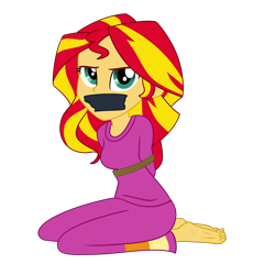 Size: 2500x2500 | Tagged: safe, artist:nie-martw-sie-o-mnie, imported from derpibooru, sunset shimmer, human, equestria girls, bondage, clothes, female, femsub, gag, kneeling, looking at you, my little pony equestria girls: rainbow rocks, pajamas, rope, rope bondage, simple background, solo, submissive, subset, tape, tape gag, transparent background