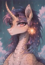 Size: 3840x5568 | Tagged: safe, alternate version, imported from derpibooru, oc, dragon, hybrid, pony, ai content, ai generated, ear piercing, earring, eyelashes, eyeshadow, female, generator:pony diffusion v6 xl, generator:stable diffusion, horn, jewelry, looking at you, makeup, piercing, prompter:xyiloiwg, scales, sign, slit pupils, smiling, smiling at you, solo, solo female