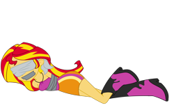 Size: 2500x1576 | Tagged: safe, artist:nie-martw-sie-o-mnie, imported from derpibooru, sunset shimmer, human, equestria girls, blindfold, bondage, boots, clothes, female, femsub, gag, lying down, my little pony equestria girls: rainbow rocks, on side, shoes, simple background, skirt, solo, submissive, subset, tape, tape bondage, tape gag, transparent background