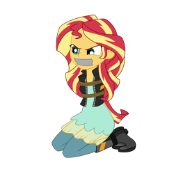 Size: 2500x2500 | Tagged: safe, artist:nie-martw-sie-o-mnie, imported from derpibooru, sunset shimmer, human, equestria girls, angry, bondage, boots, clothes, female, femsub, gag, jacket, kneeling, my little pony equestria girls: friendship games, rope, rope bondage, shoes, simple background, solo, submissive, subset, tape, tape gag, transparent background